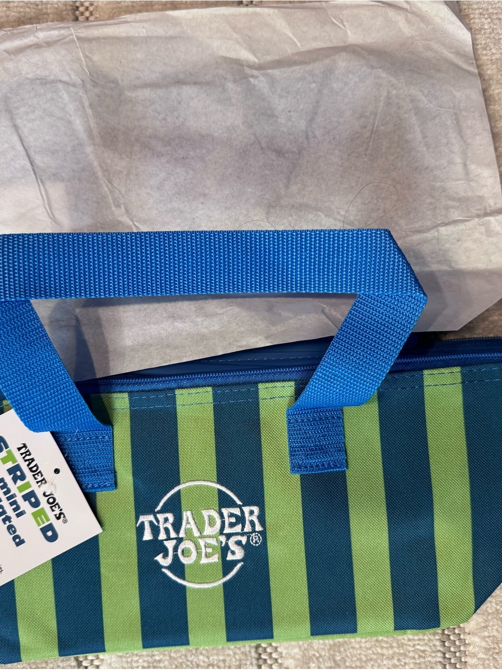 Trader Joe's Striped Insulated Tote - Green & Navy Blue